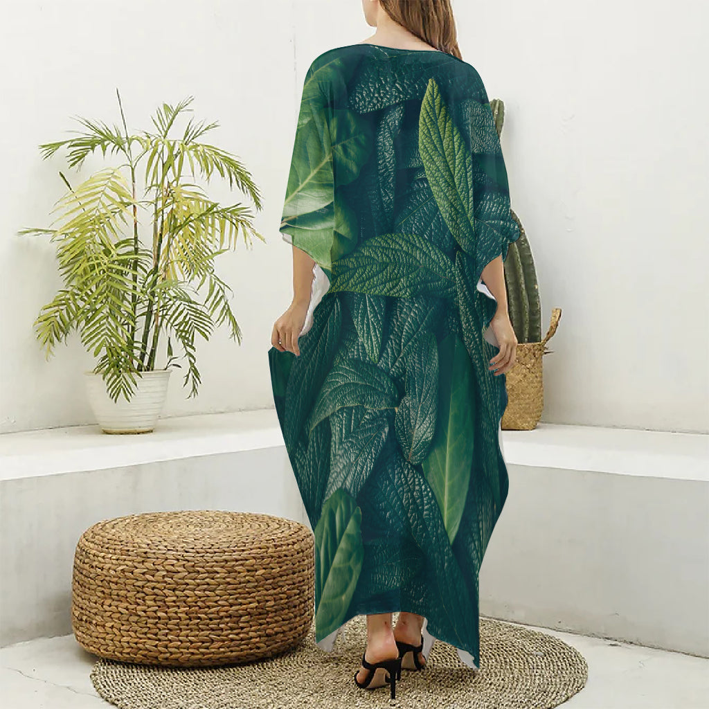 Green Leaves Print Silk V-Neck Kaftan Dress