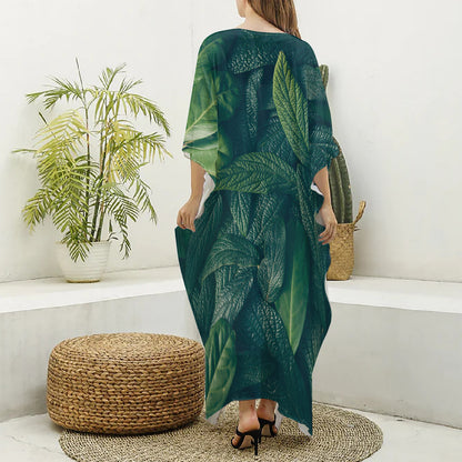 Green Leaves Print Silk V-Neck Kaftan Dress