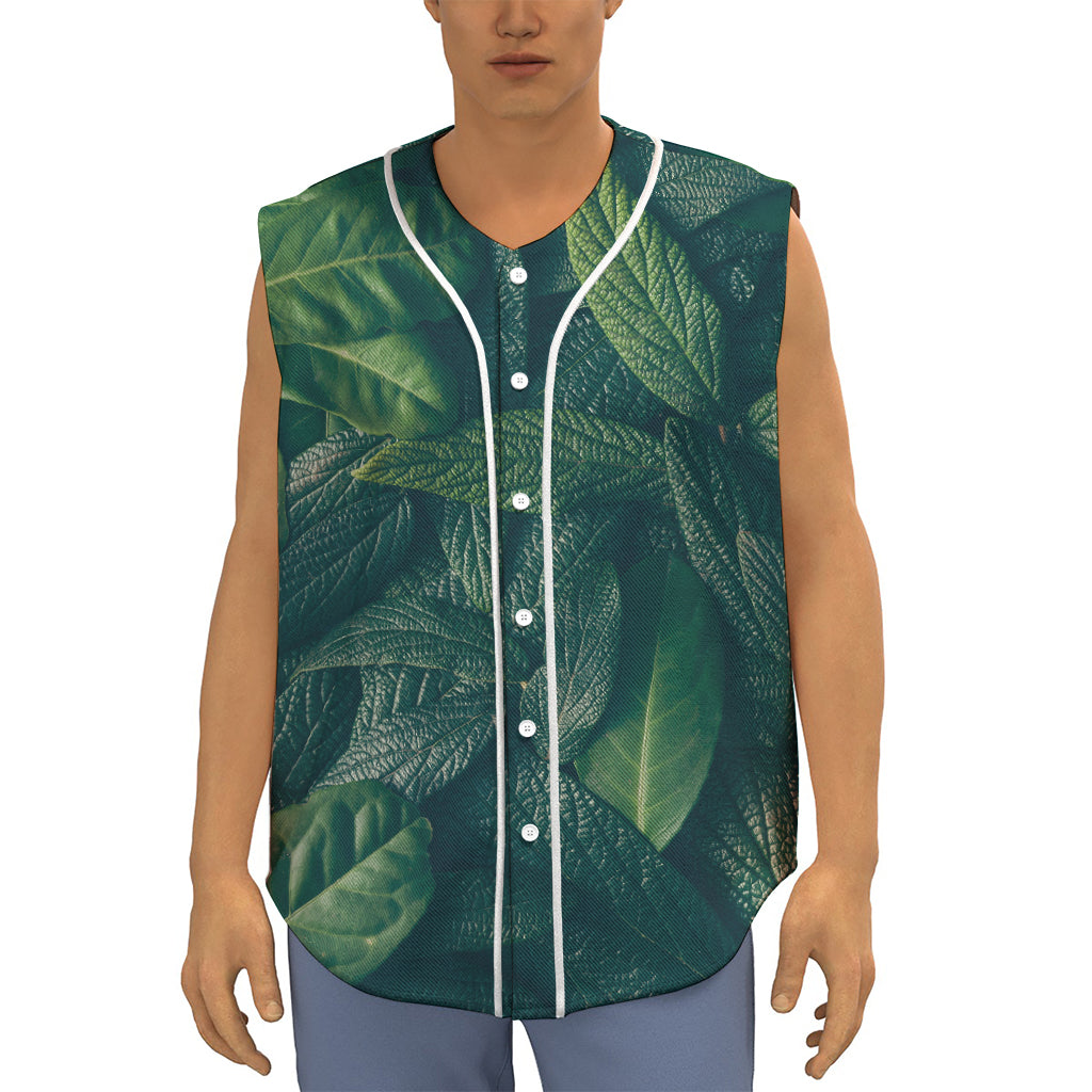 Green Leaves Print Sleeveless Baseball Jersey