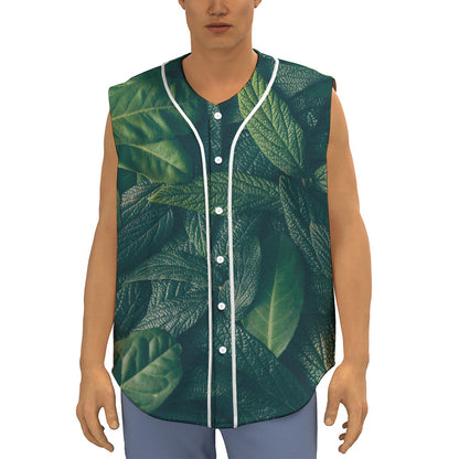 Green Leaves Print Sleeveless Baseball Jersey