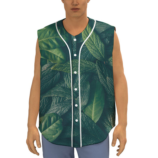Green Leaves Print Sleeveless Baseball Jersey