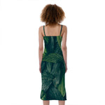 Green Leaves Print Slim Fit Midi Cami Dress