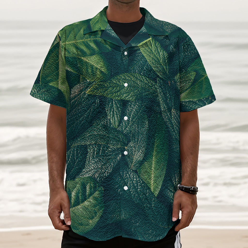 Green Leaves Print Textured Short Sleeve Shirt