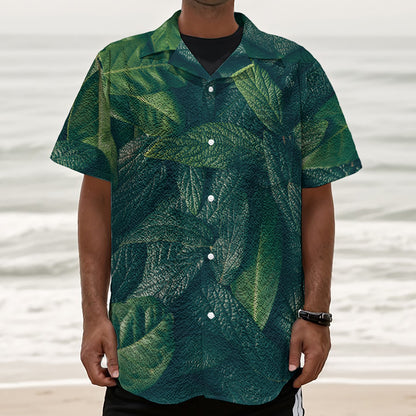Green Leaves Print Textured Short Sleeve Shirt
