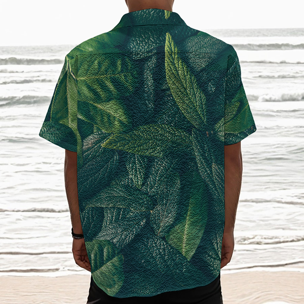 Green Leaves Print Textured Short Sleeve Shirt