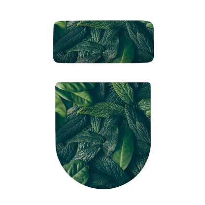 Green Leaves Print Toilet Lid And Tank Cover Set