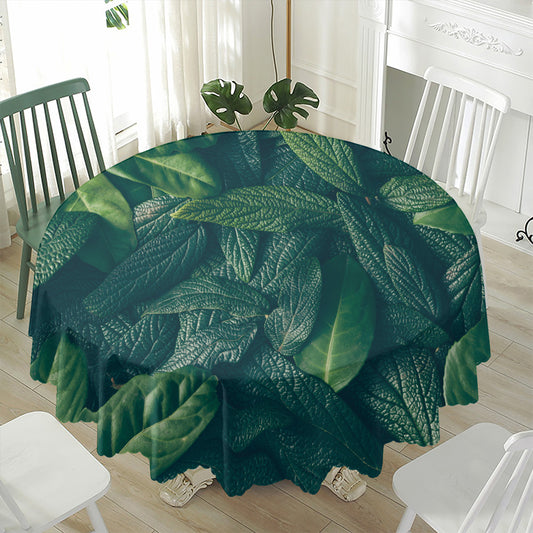 Green Leaves Print Waterproof Round Tablecloth