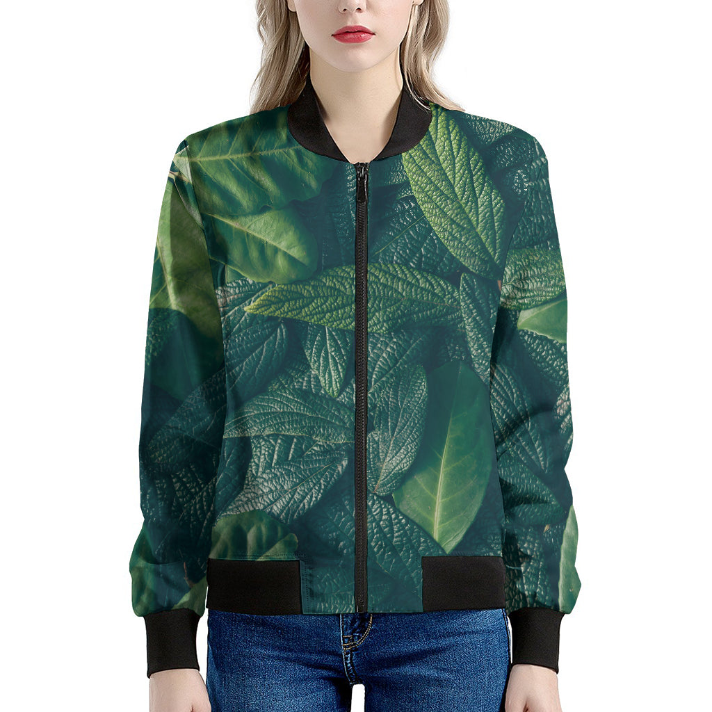 Green Leaves Print Women's Bomber Jacket
