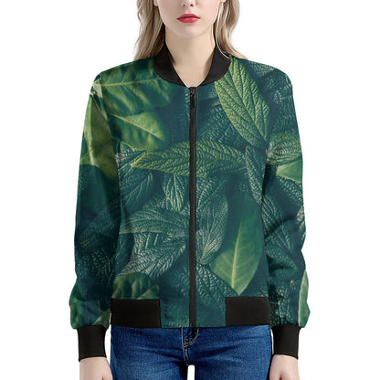 Green Leaves Print Women's Bomber Jacket