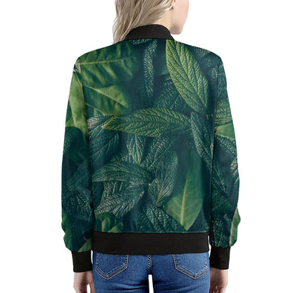 Green Leaves Print Women's Bomber Jacket