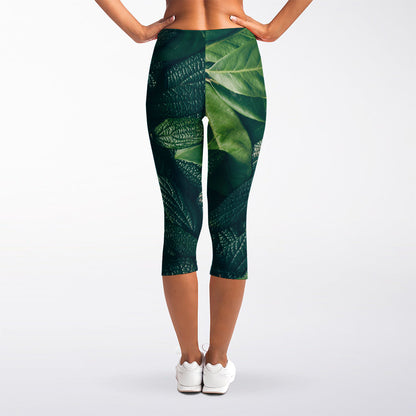 Green Leaves Print Women's Capri Leggings