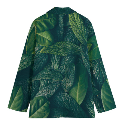 Green Leaves Print Women's Cotton Blazer
