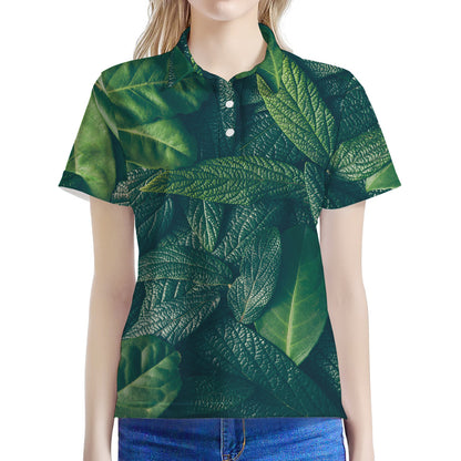 Green Leaves Print Women's Polo Shirt