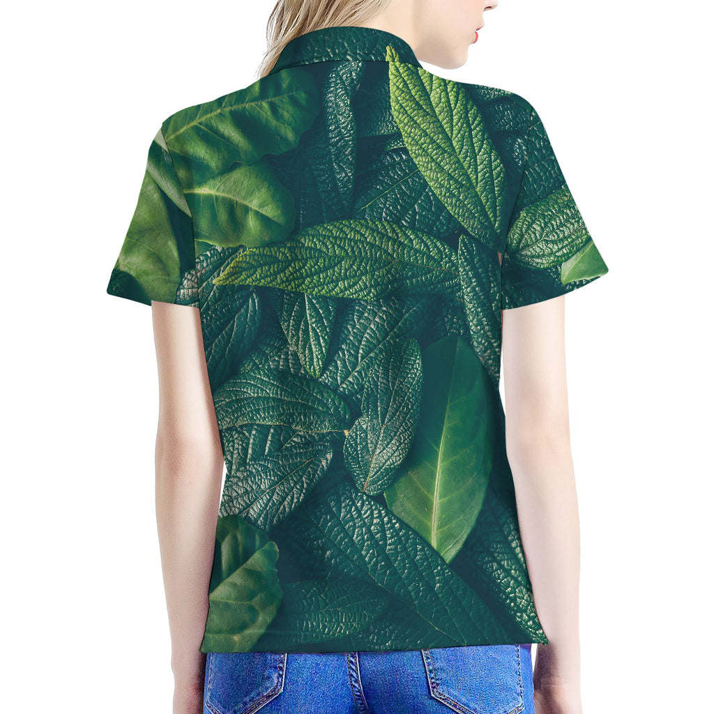 Green Leaves Print Women's Polo Shirt