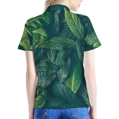 Green Leaves Print Women's Polo Shirt