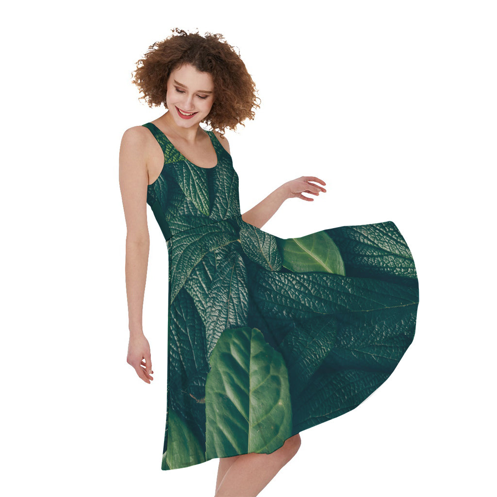 Green Leaves Print Women's Sleeveless Dress