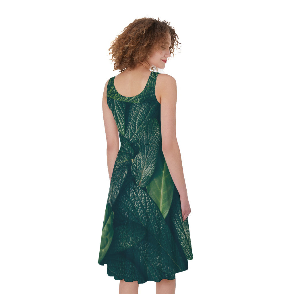 Green Leaves Print Women's Sleeveless Dress