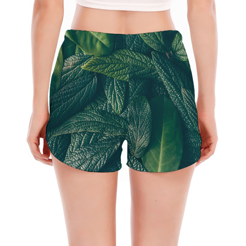 Green Leaves Print Women's Split Running Shorts