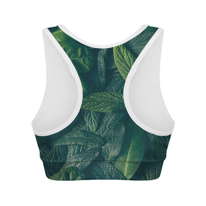 Green Leaves Print Women's Sports Bra