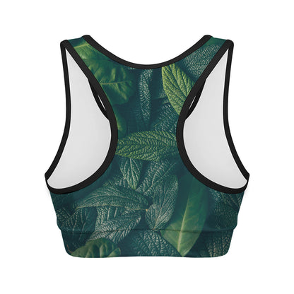 Green Leaves Print Women's Sports Bra