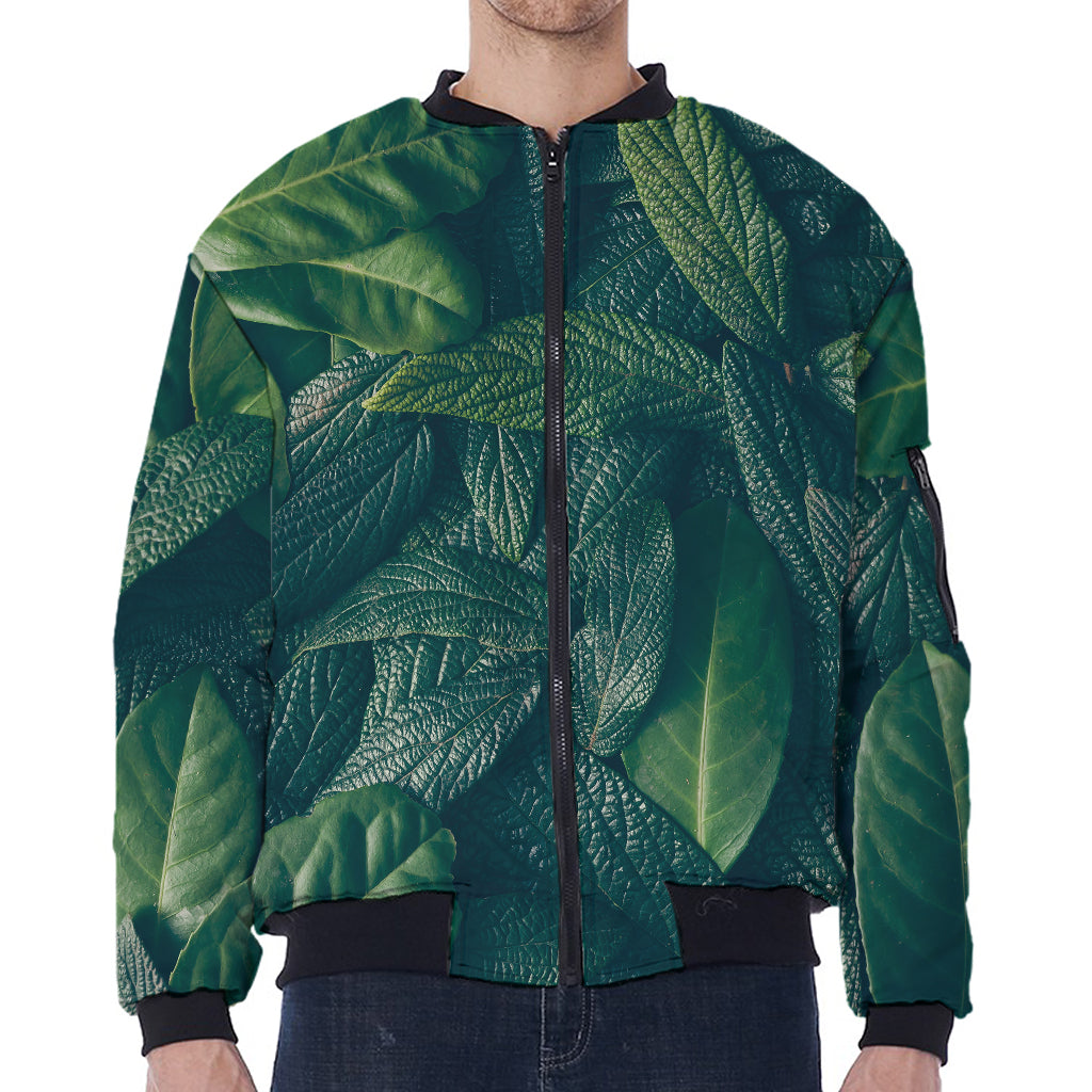Green Leaves Print Zip Sleeve Bomber Jacket