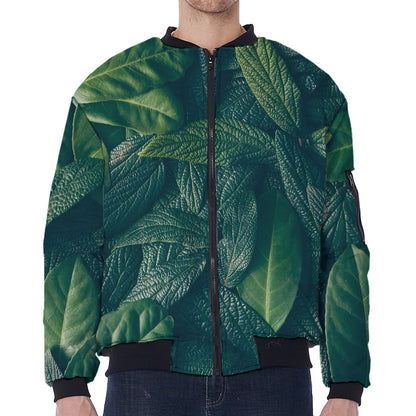 Green Leaves Print Zip Sleeve Bomber Jacket