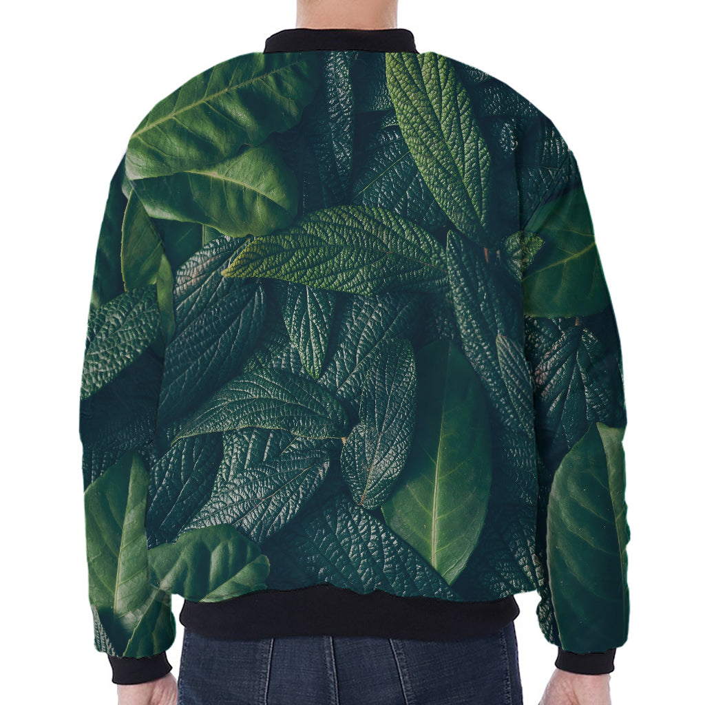Green Leaves Print Zip Sleeve Bomber Jacket