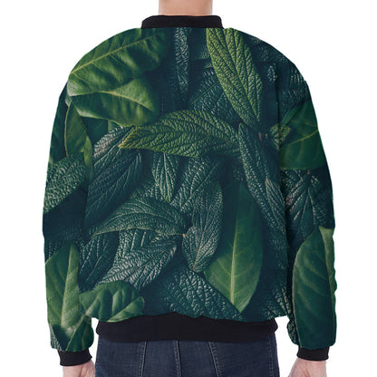 Green Leaves Print Zip Sleeve Bomber Jacket
