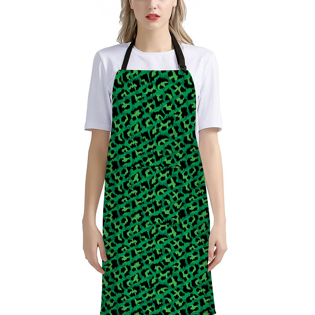 Green Leopard Print Bib Apron With Pocket