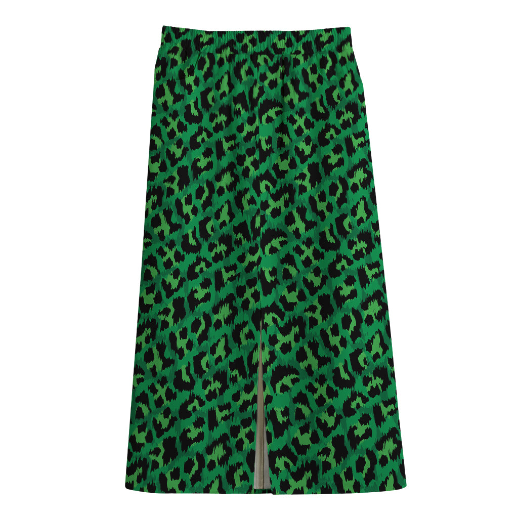 Green Leopard Print Cotton Front Slit Maxi Skirt