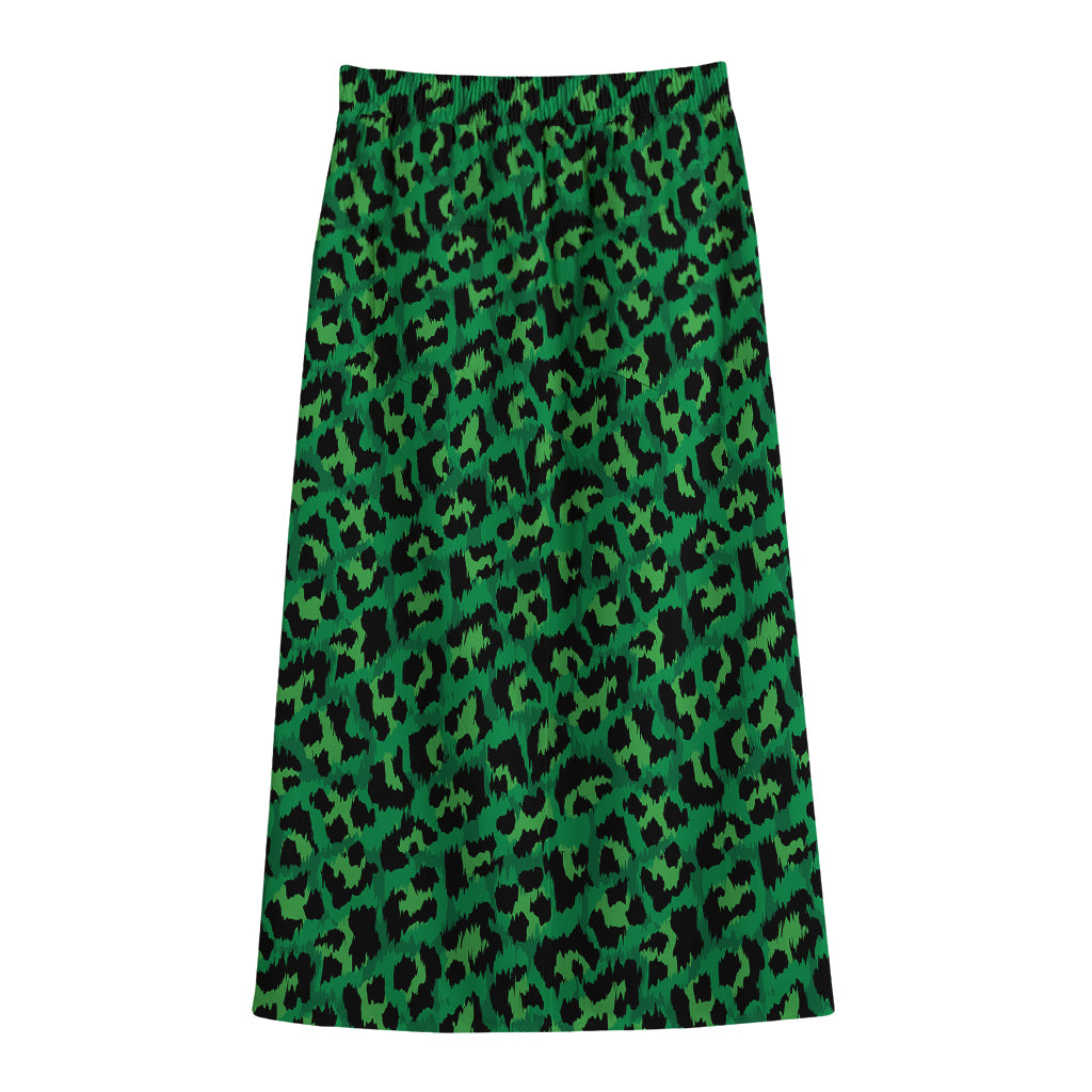 Green Leopard Print Cotton Front Slit Maxi Skirt