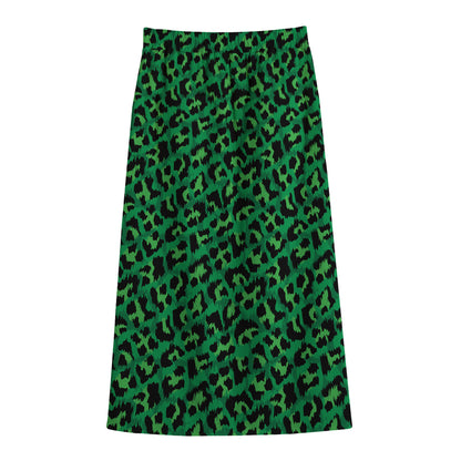 Green Leopard Print Cotton Front Slit Maxi Skirt