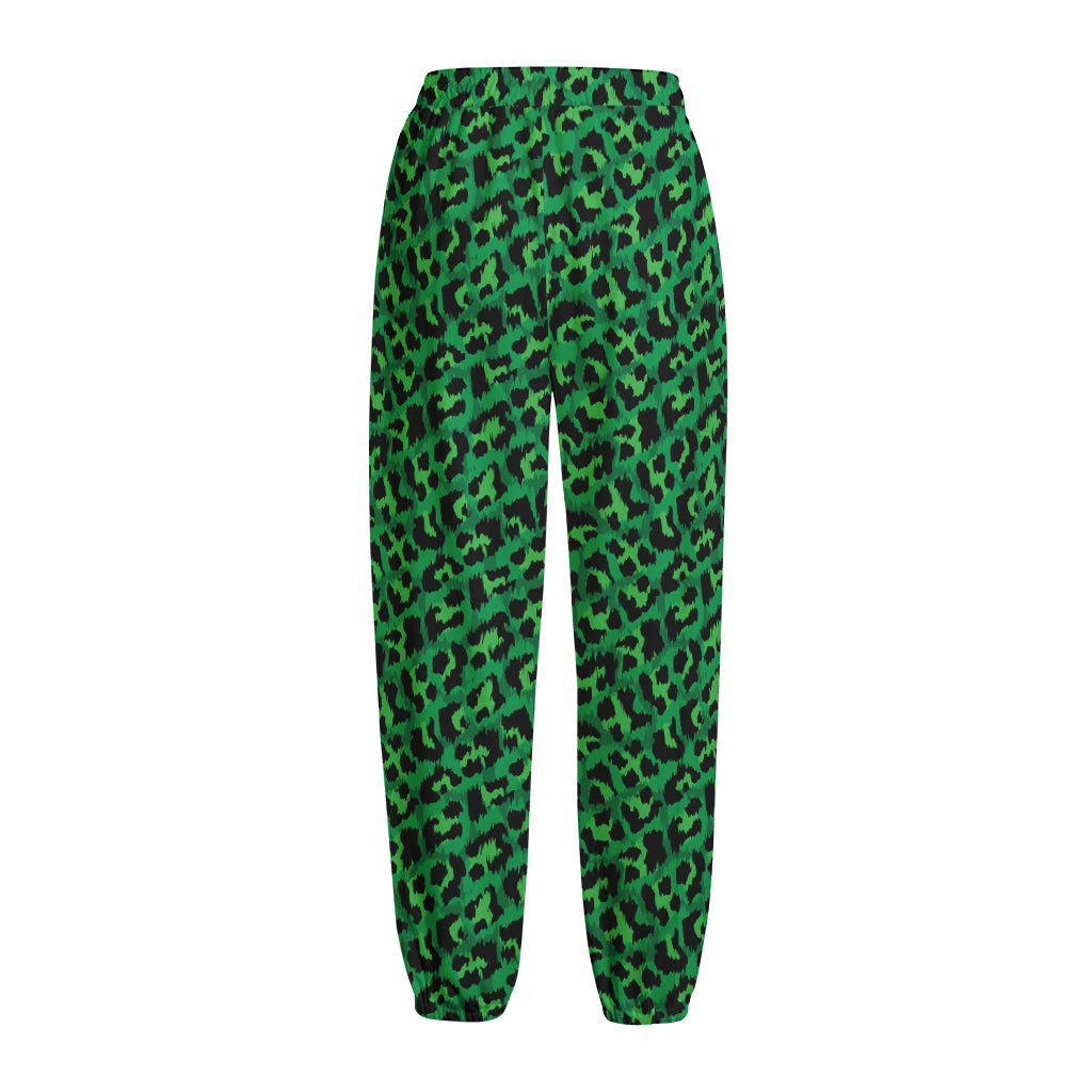 Green Leopard Print Fleece Lined Knit Pants