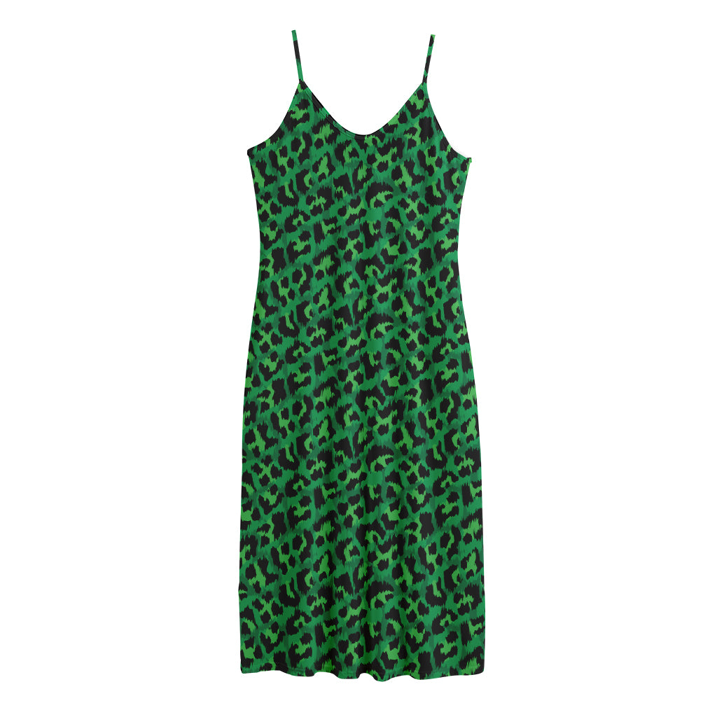 Green Leopard Print Jersey Midi Cami Dress