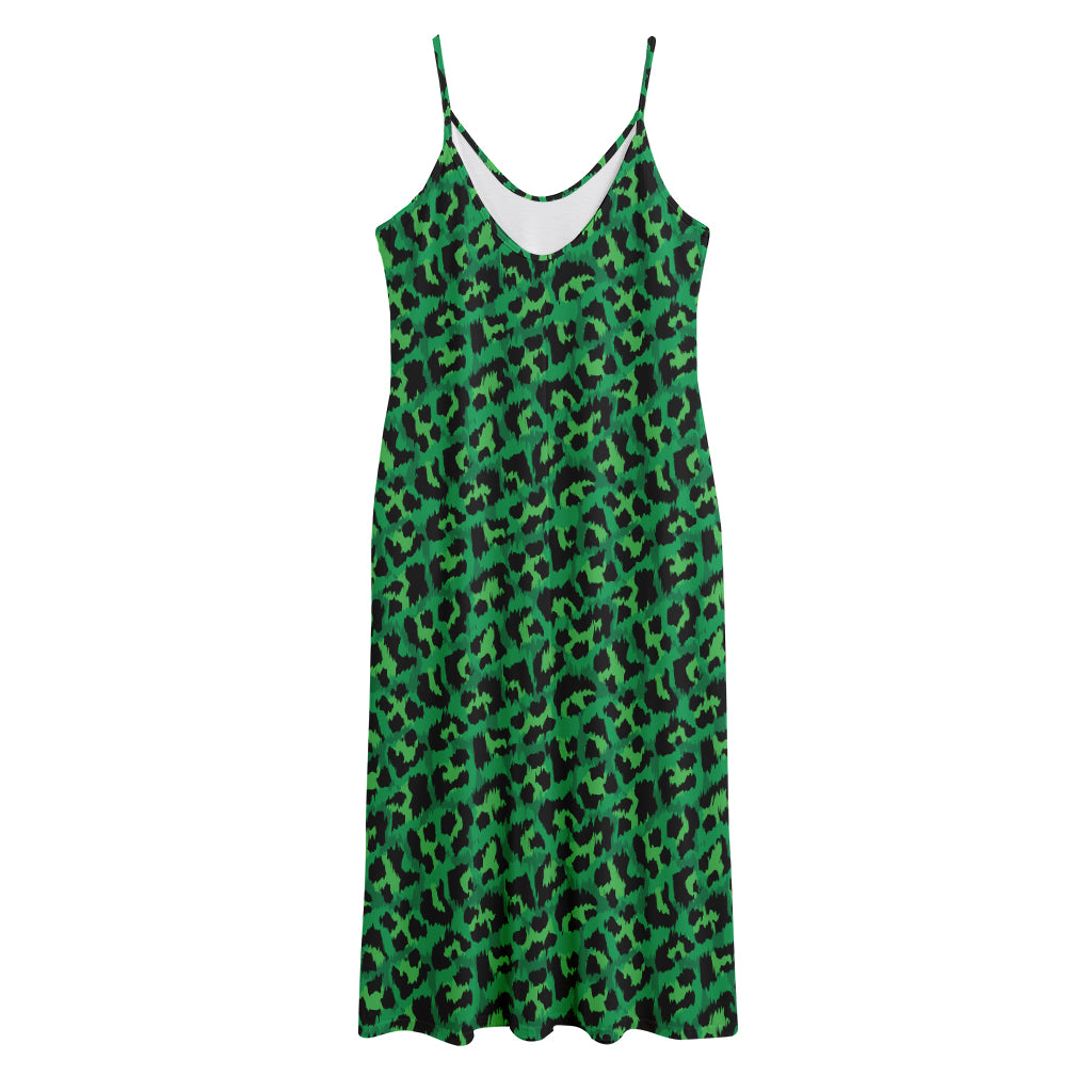 Green Leopard Print Jersey Midi Cami Dress