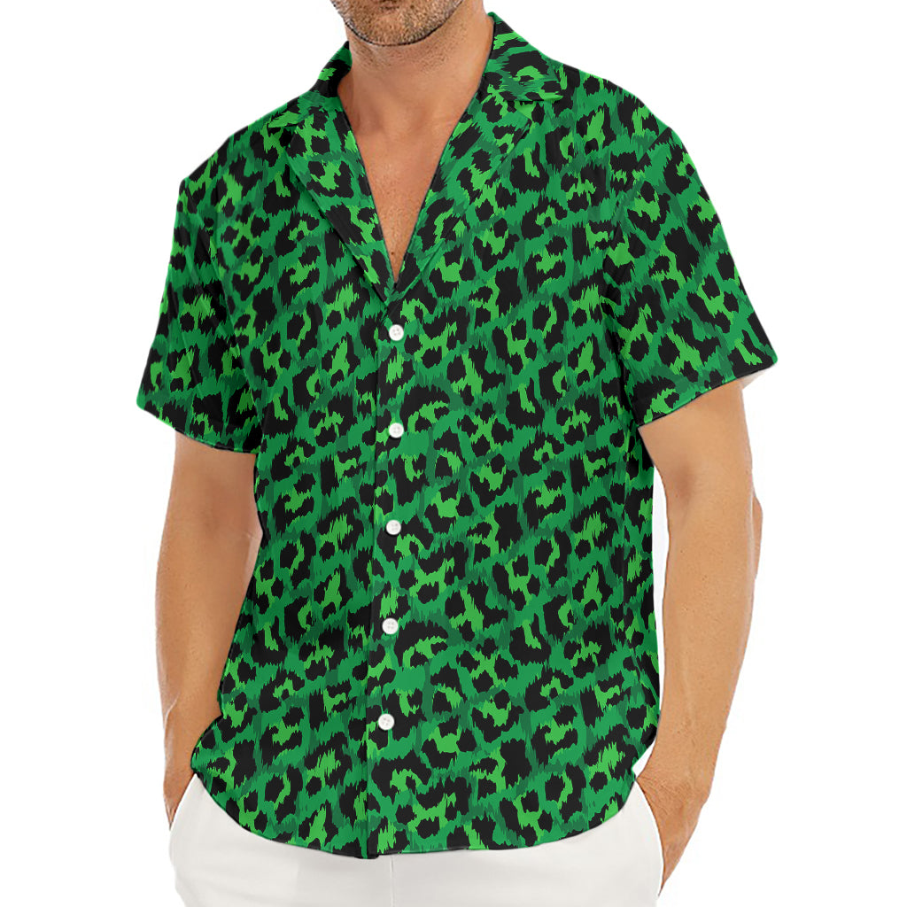 Green Leopard Print Men's Deep V-Neck Shirt