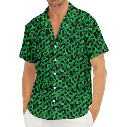 Green Leopard Print Men's Deep V-Neck Shirt