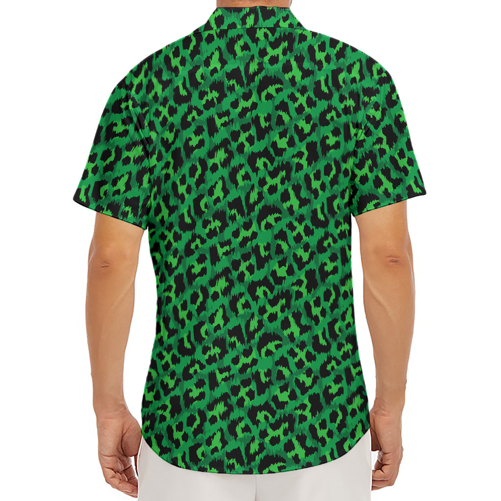 Green Leopard Print Men's Deep V-Neck Shirt