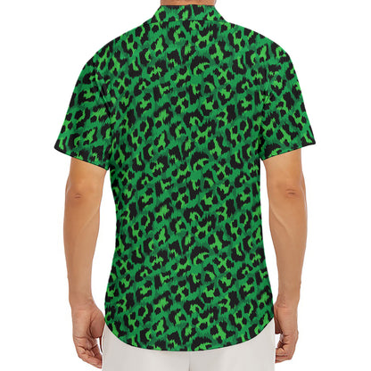 Green Leopard Print Men's Deep V-Neck Shirt