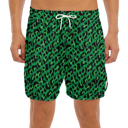 Green Leopard Print Men's Split Running Shorts