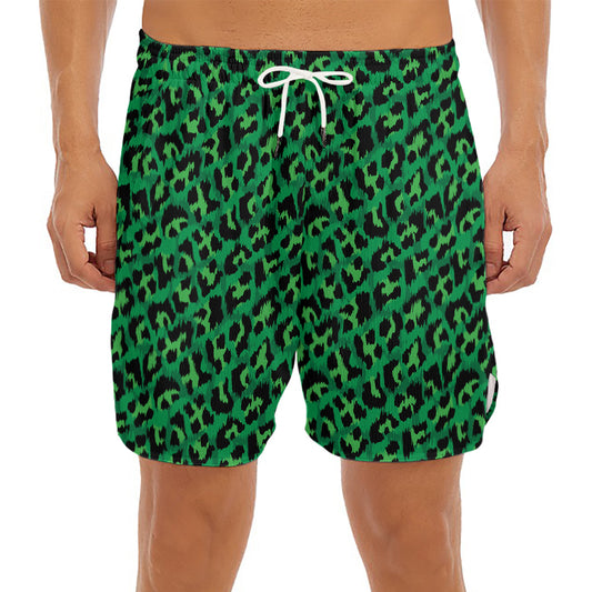 Green Leopard Print Men's Split Running Shorts
