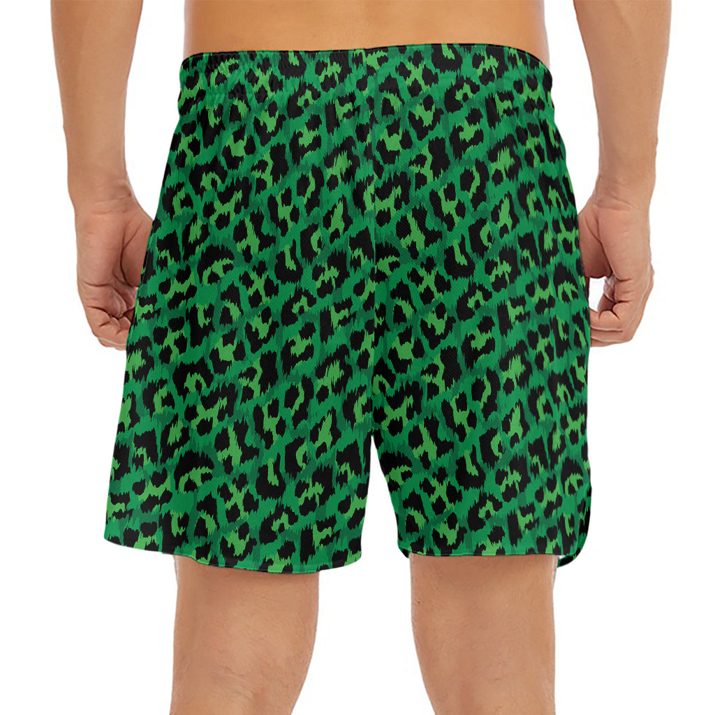Green Leopard Print Men's Split Running Shorts