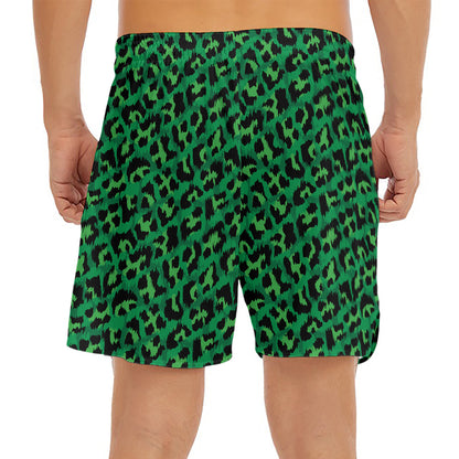 Green Leopard Print Men's Split Running Shorts