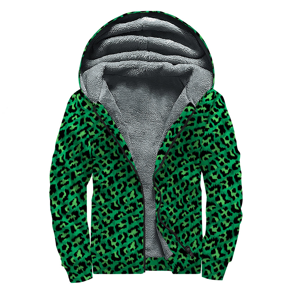 Green Leopard Print Sherpa Lined Zip Up Hoodie