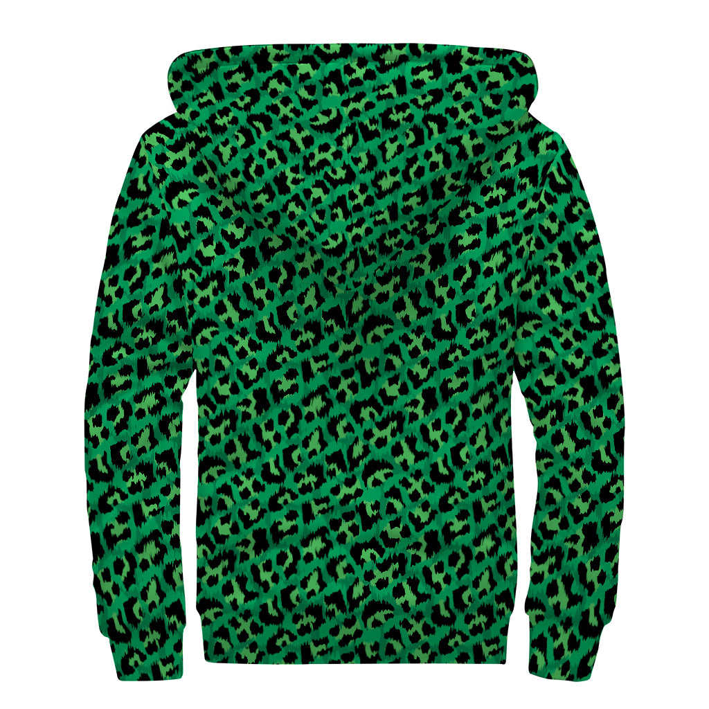 Green Leopard Print Sherpa Lined Zip Up Hoodie
