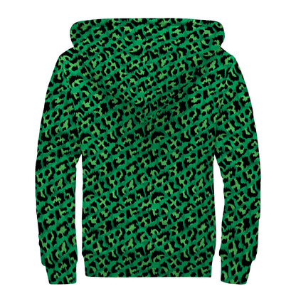 Green Leopard Print Sherpa Lined Zip Up Hoodie