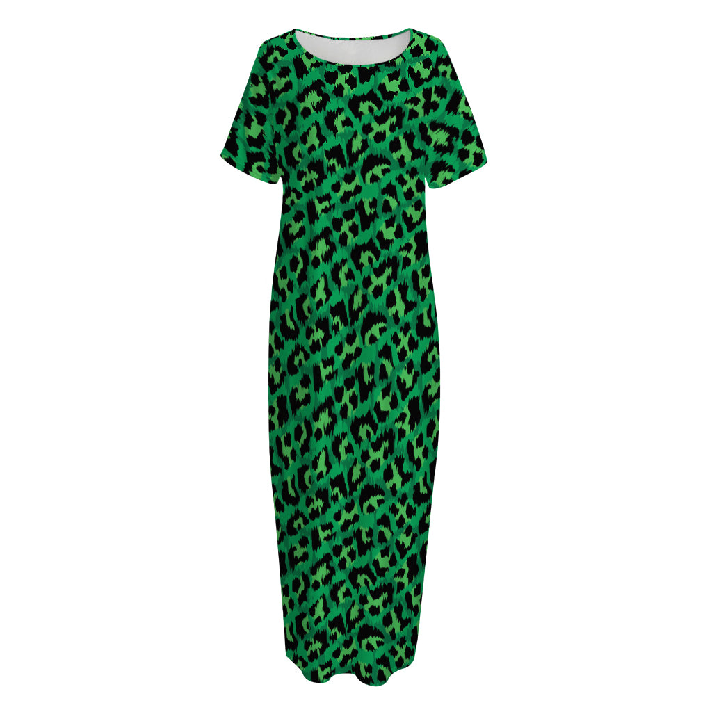 Green Leopard Print Short Sleeve Long Nightdress