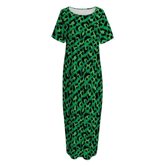Green Leopard Print Short Sleeve Long Nightdress