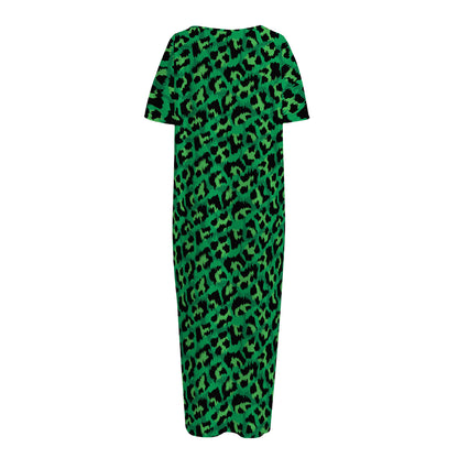 Green Leopard Print Short Sleeve Long Nightdress