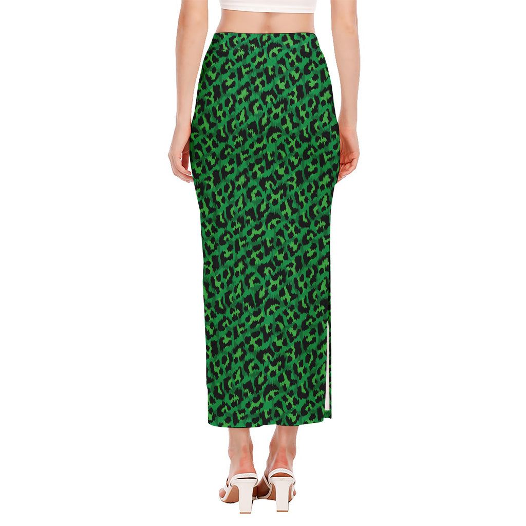 Green Leopard Print Side Slit Maxi Skirt